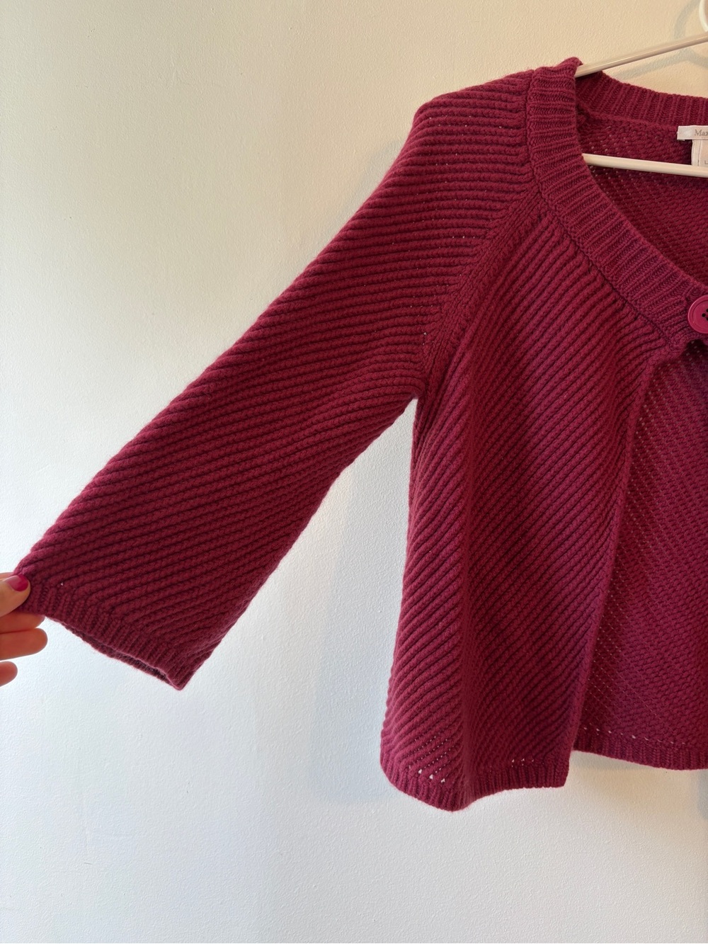 MaxMara Cropped Ribbed Cardigan Burgundy One Button Wool Size L - Picture 5 of 9